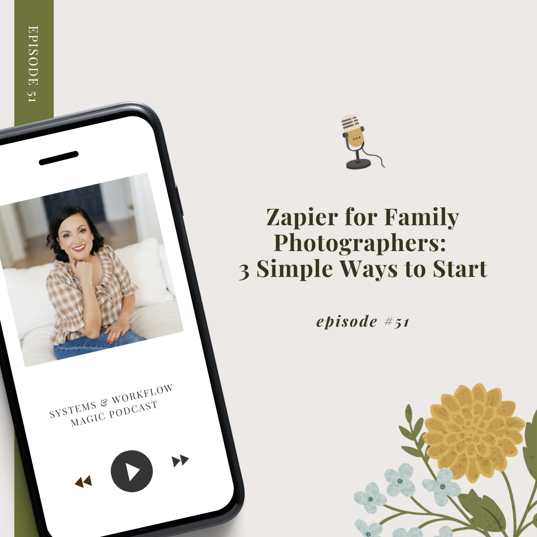 featured blog post cover image with text that states Zapier for Family Photographers: 3 Simple Ways to Start episode 51 for the systems and workflow magic podcast